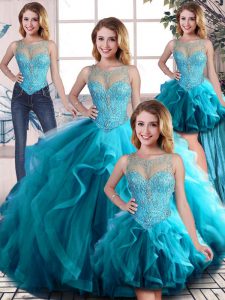 Traditional Aqua Blue Ball Gowns Tulle Scoop Sleeveless Beading and Ruffles Floor Length Lace Up 15 Quinceanera Dress