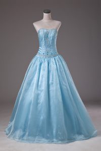 Baby Blue Organza Lace Up Quinceanera Gowns Sleeveless Floor Length Beading