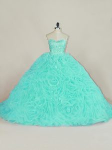 Extravagant Sweetheart Sleeveless Fabric With Rolling Flowers Quinceanera Gowns Beading and Ruffles Court Train Lace Up