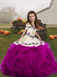 Fuchsia Ball Gowns Straps Sleeveless Organza Floor Length Lace Up Embroidery and Ruffles Little Girls Pageant Gowns