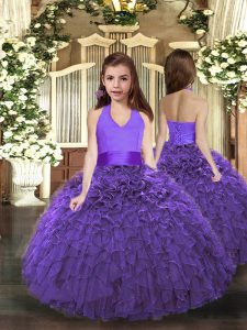 Adorable Purple Halter Top Neckline Ruffles Little Girls Pageant Gowns Sleeveless Lace Up