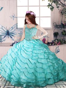 Spaghetti Straps Sleeveless Pageant Dresses Floor Length Beading and Ruffled Layers Aqua Blue Organza