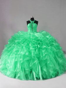 Green Lace Up Halter Top Beading and Ruffles Ball Gown Prom Dress Organza Sleeveless Brush Train