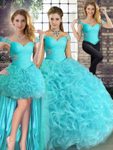 Floor Length Aqua Blue Sweet 16 Dresses Fabric With Rolling Flowers Sleeveless Beading