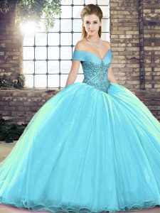 Captivating Aqua Blue Ball Gowns Organza Off The Shoulder Sleeveless Beading Lace Up Vestidos de Quinceanera Brush Train