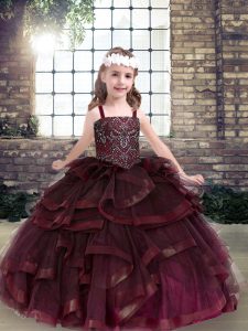 Custom Design Burgundy Sleeveless Floor Length Beading and Ruffles Lace Up Little Girl Pageant Gowns