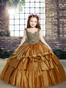 Best Straps Sleeveless Lace Up Kids Formal Wear Brown Taffeta