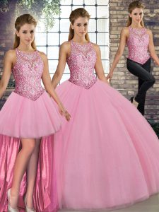 Fabulous Pink Tulle Lace Up Scoop Sleeveless Floor Length 15 Quinceanera Dress Embroidery