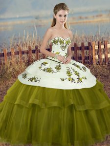 Super Embroidery and Bowknot 15th Birthday Dress Olive Green Lace Up Sleeveless Floor Length