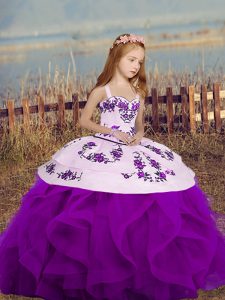 Glorious Purple Ball Gowns Embroidery and Ruffles Little Girls Pageant Dress Wholesale Lace Up Sleeveless Floor Length