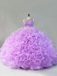Sleeveless Floor Length Beading and Ruffles Zipper 15th Birthday Dress with Lavender