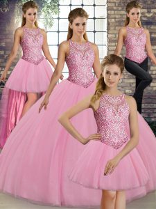 Fashion Sleeveless Tulle Floor Length Lace Up Sweet 16 Dresses in Pink with Embroidery