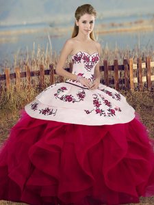 Dynamic Embroidery and Ruffles and Bowknot Quince Ball Gowns White And Red Lace Up Sleeveless Floor Length