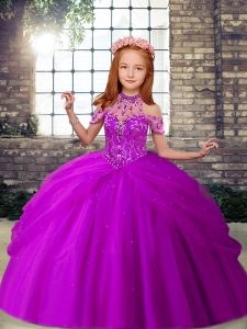 Top Selling Beading Girls Pageant Dresses Purple Lace Up Sleeveless Floor Length