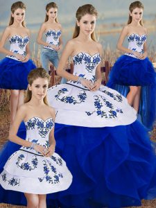 Cute Sleeveless Floor Length Embroidery and Ruffles and Bowknot Lace Up Sweet 16 Dresses with Royal Blue