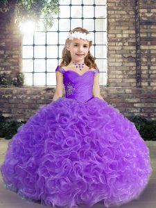 Purple Sleeveless Beading and Ruching Floor Length Pageant Gowns