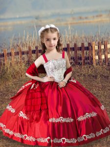 Floor Length Coral Red Pageant Gowns For Girls Satin Sleeveless Beading and Embroidery