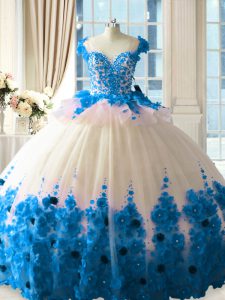 Lovely Zipper Sweet 16 Dress Blue And White for Sweet 16 and Quinceanera with Hand Made Flower Brush Train