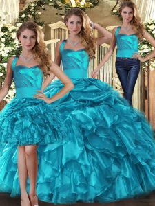 Designer Sleeveless Floor Length Ruffles and Pick Ups Lace Up Quinceanera Dress with Teal