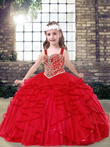 Cheap Floor Length Lace Up Little Girl Pageant Dress Red for Party and Wedding Party with Beading and Ruffles