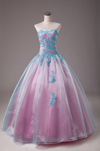 Light Blue Ball Gowns Sweetheart Sleeveless Organza Floor Length Lace Up Appliques Quinceanera Gowns