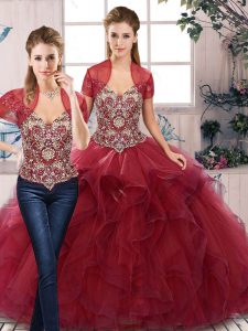 Burgundy Quinceanera Dress Military Ball and Sweet 16 and Quinceanera with Beading and Ruffles Off The Shoulder Sleeveless Lace Up