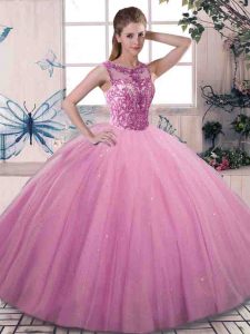 Shining Rose Pink Lace Up Scoop Beading Quince Ball Gowns Tulle Sleeveless