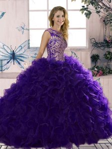 Sophisticated Purple Sleeveless Floor Length Beading and Ruffles Lace Up Quinceanera Dress