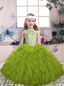 Olive Green Ball Gowns Beading and Ruffles Girls Pageant Dresses Lace Up Tulle Sleeveless Floor Length