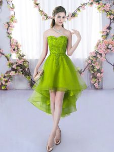 Fantastic Sweetheart Sleeveless Dama Dress for Quinceanera High Low Lace Olive Green Tulle