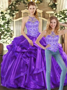 Halter Top Sleeveless Organza Vestidos de Quinceanera Beading and Ruffles Lace Up