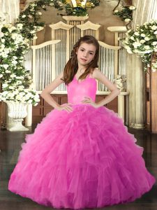 Best Hot Pink Tulle Lace Up Straps Sleeveless Floor Length Pageant Dress Ruffles