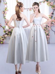 Suitable Appliques Damas Dress Silver Lace Up Sleeveless Tea Length