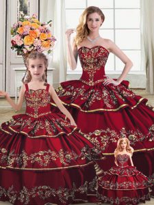 Free and Easy Wine Red Sweetheart Lace Up Embroidery and Ruffled Layers Quinceanera Gowns Sleeveless