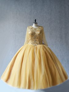 Gold Scoop Neckline Beading Vestidos de Quinceanera Sleeveless Lace Up