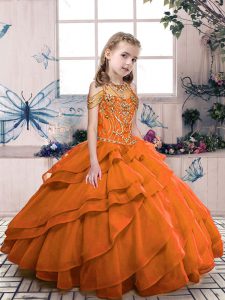 Orange Red Kids Pageant Dress Party and Wedding Party with Beading High-neck Sleeveless Lace Up