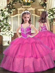 Lilac Ball Gowns Beading and Ruffled Layers Girls Pageant Dresses Lace Up Tulle Sleeveless Floor Length