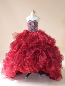 Excellent Wine Red Sleeveless Beading and Ruffles Lace Up Child Pageant Dress