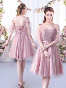 Pretty Tulle V-neck Sleeveless Lace Up Appliques and Belt Damas Dress in Pink