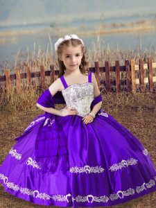 New Style Ball Gowns Girls Pageant Dresses Purple Straps Satin Sleeveless Floor Length Lace Up