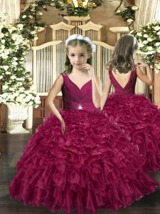 Ball Gowns Little Girls Pageant Dress Wholesale Burgundy V-neck Organza Sleeveless Floor Length Backless