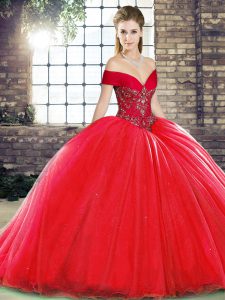 Discount Red Off The Shoulder Neckline Beading Quinceanera Gowns Sleeveless Lace Up