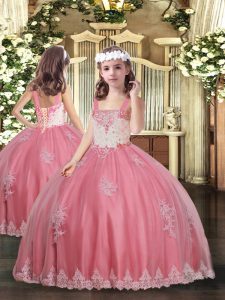 Dazzling Watermelon Red Lace Up Straps Appliques Kids Formal Wear Tulle Sleeveless