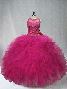 Tulle Sleeveless Floor Length Sweet 16 Dress and Beading and Ruffles