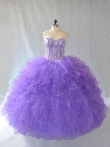 Nice Sleeveless Tulle Floor Length Lace Up Quinceanera Gowns in Lavender with Beading and Ruffles and Sequins