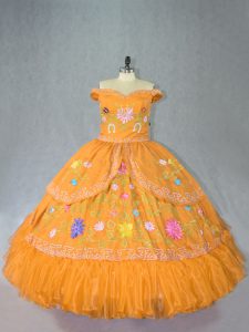 Gold Sleeveless Floor Length Embroidery Lace Up Sweet 16 Dress