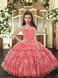 Elegant Organza Straps Sleeveless Lace Up Ruffled Layers Little Girls Pageant Dress Wholesale in Watermelon Red