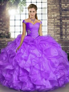 Lavender Ball Gowns Beading and Ruffles Quinceanera Dresses Lace Up Organza Sleeveless Floor Length