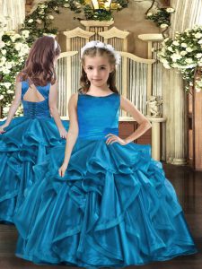 Floor Length Lace Up Little Girl Pageant Dress Blue for Party and Wedding Party with Ruffles