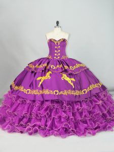 Best Purple Quinceanera Gown Satin and Organza Brush Train Sleeveless Embroidery and Ruffles